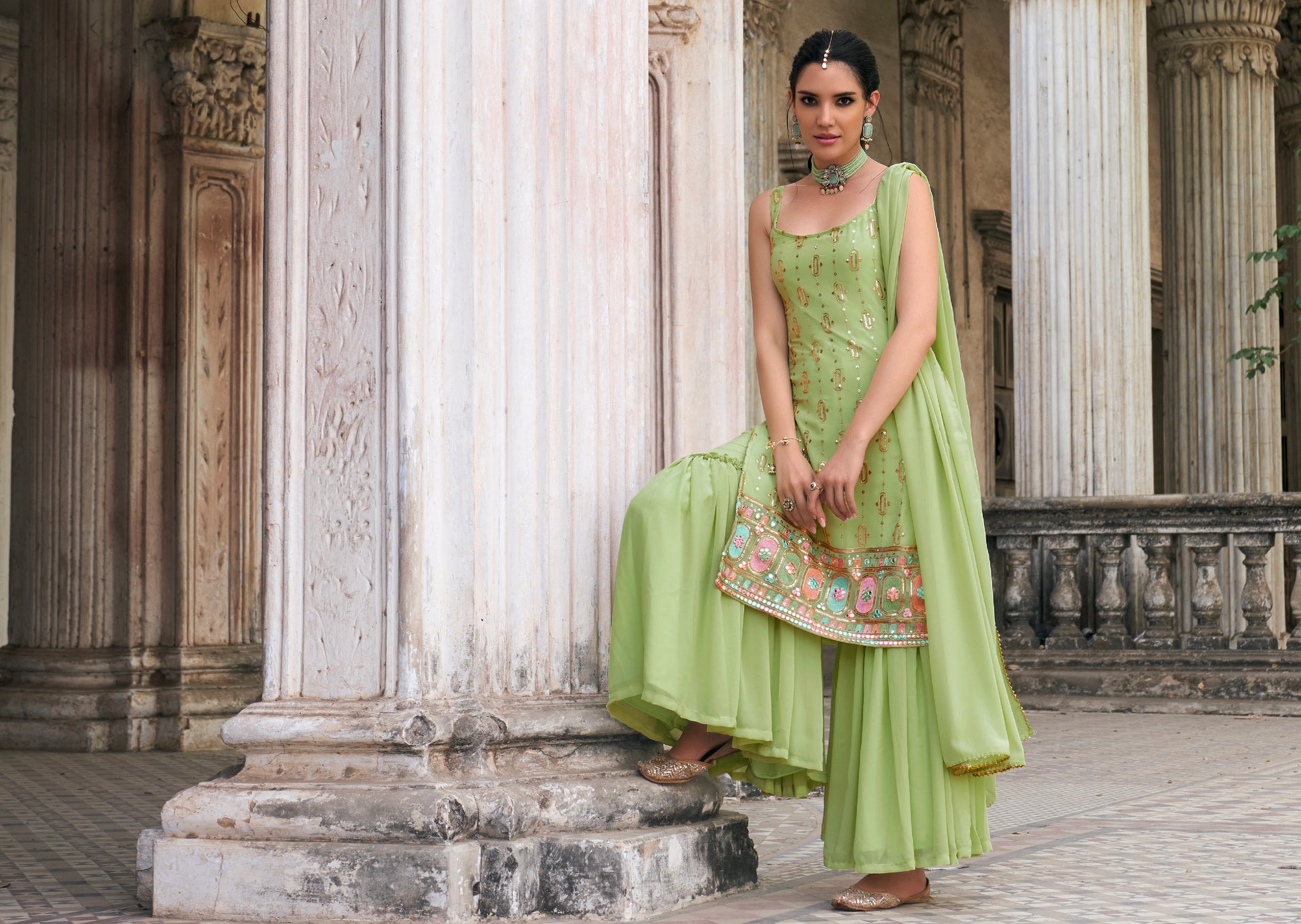 Elegant Green Sharara Suit with Embroidery and Sequence Work