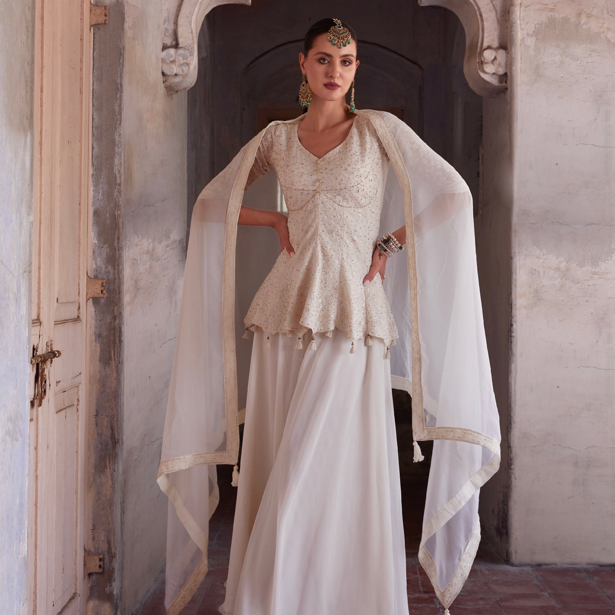 Elegant Off-White Georgette Embroidered Sharara Suit