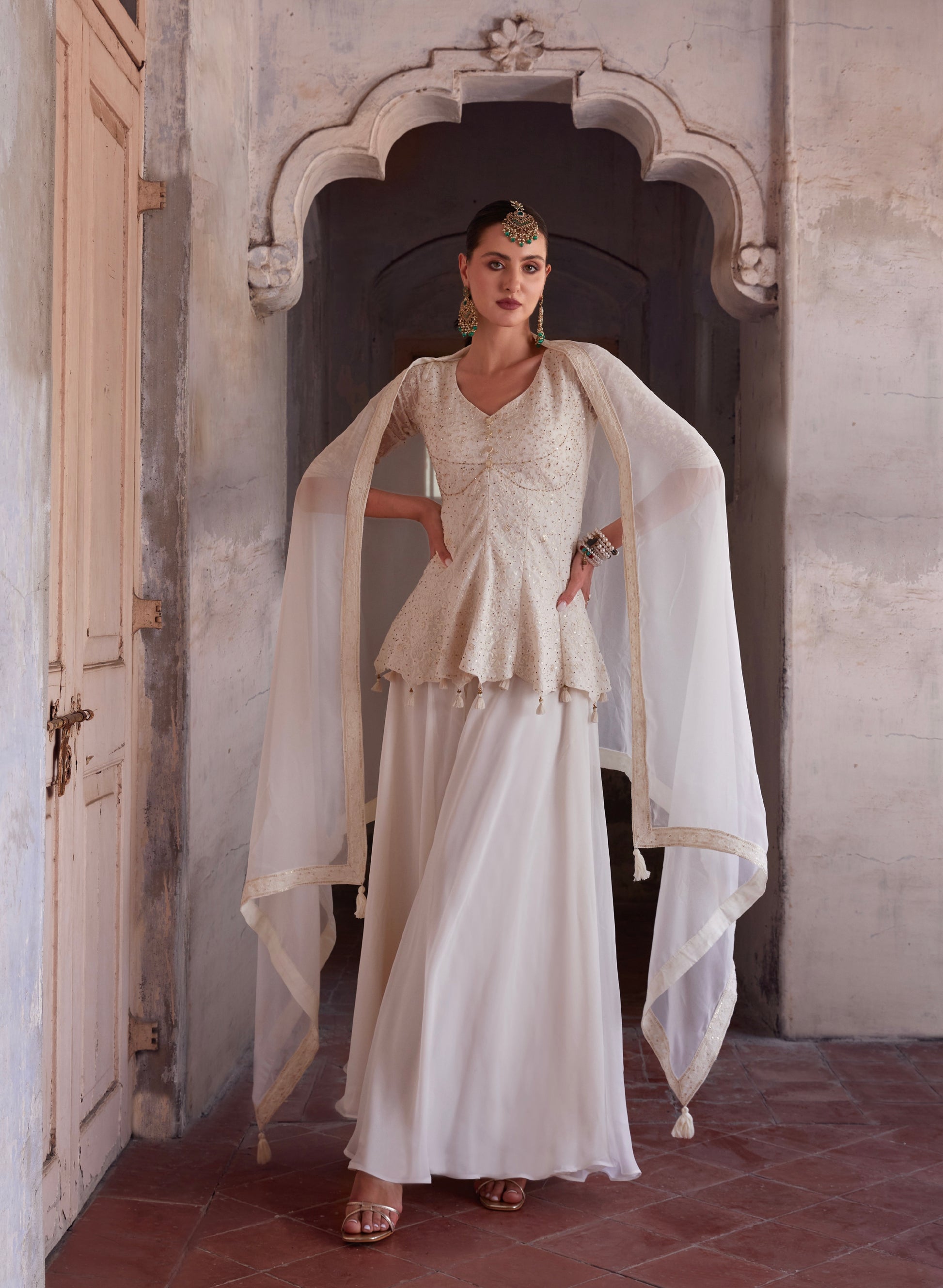 Elegant Off-White Georgette Embroidered Sharara Suit