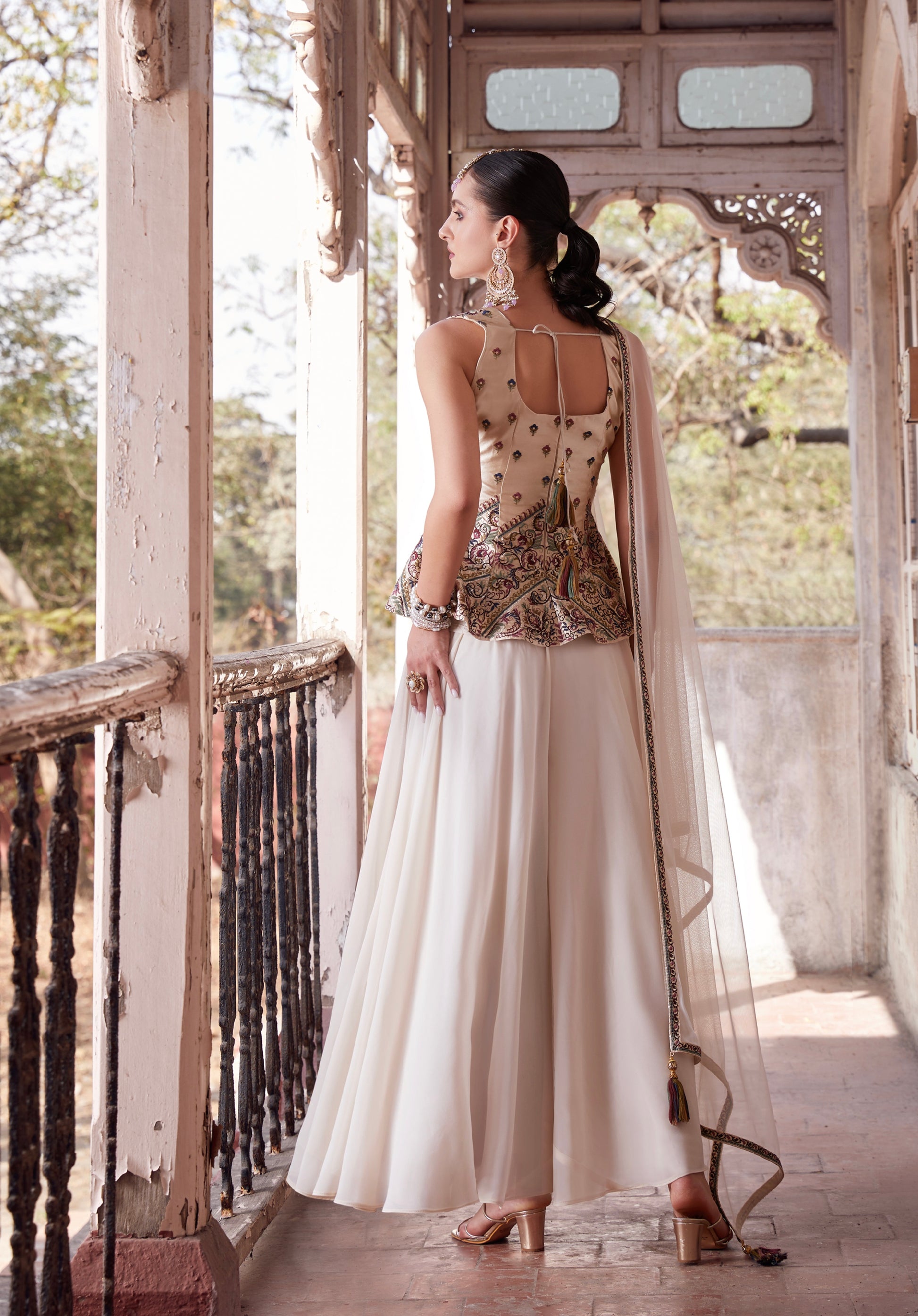 Elegant Off-White Satin and Georgette Embroidered Sharara Suit with Soft Net Dupatta