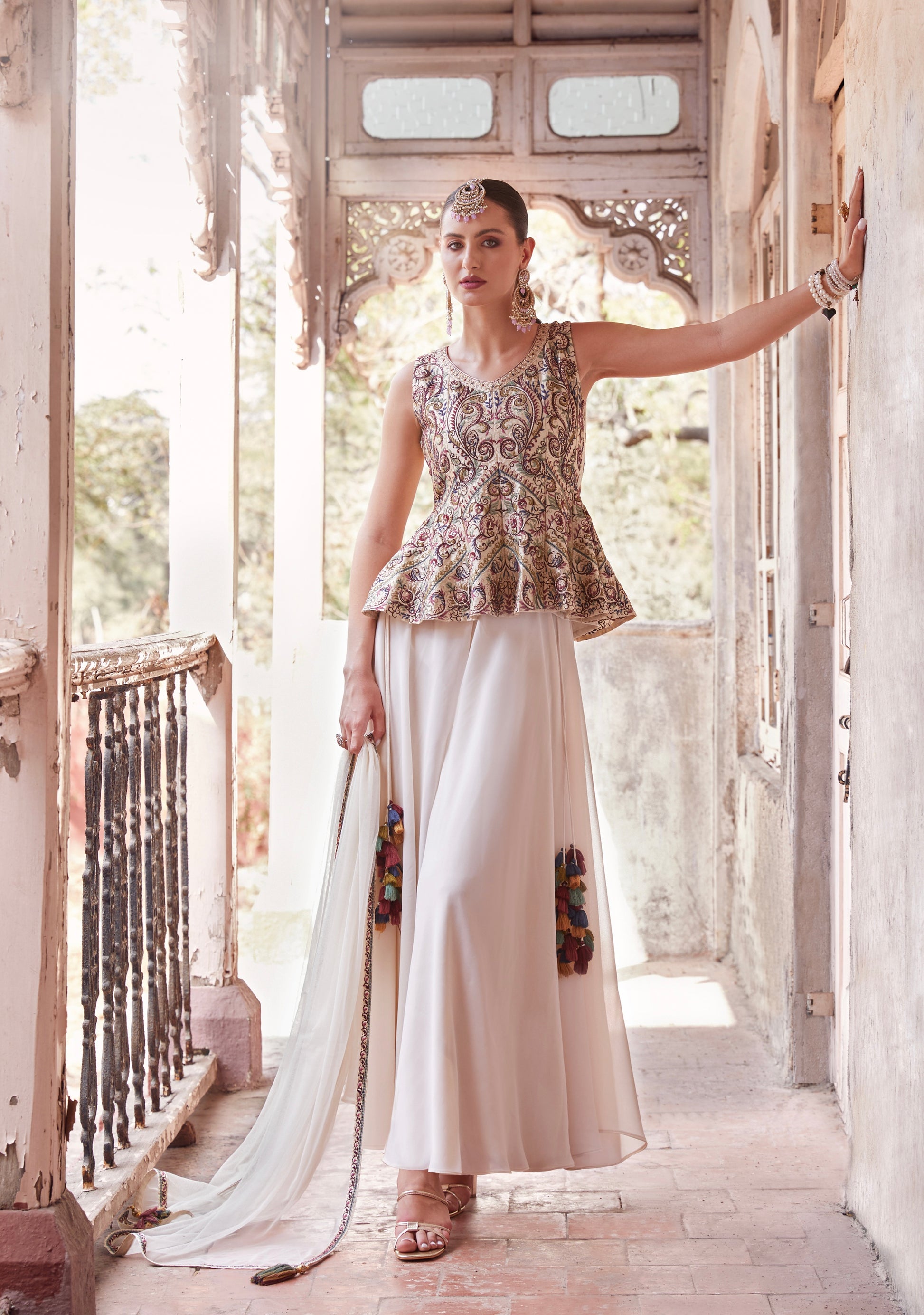 Elegant Off-White Satin and Georgette Embroidered Sharara Suit with Soft Net Dupatta