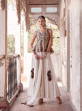 Elegant Off-White Satin and Georgette Embroidered Sharara Suit with Soft Net Dupatta