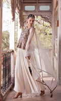 Elegant Off-White Satin and Georgette Embroidered Sharara Suit with Soft Net Dupatta