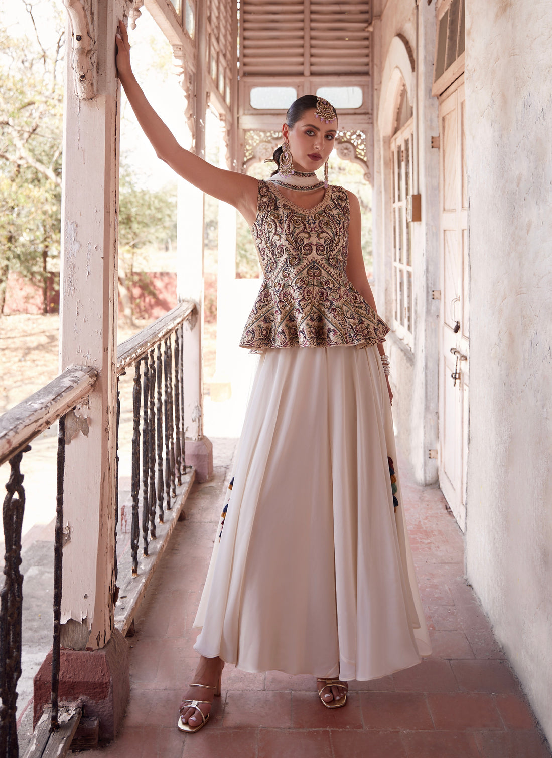 Elegant Off-White Satin and Georgette Embroidered Sharara Suit with Soft Net Dupatta