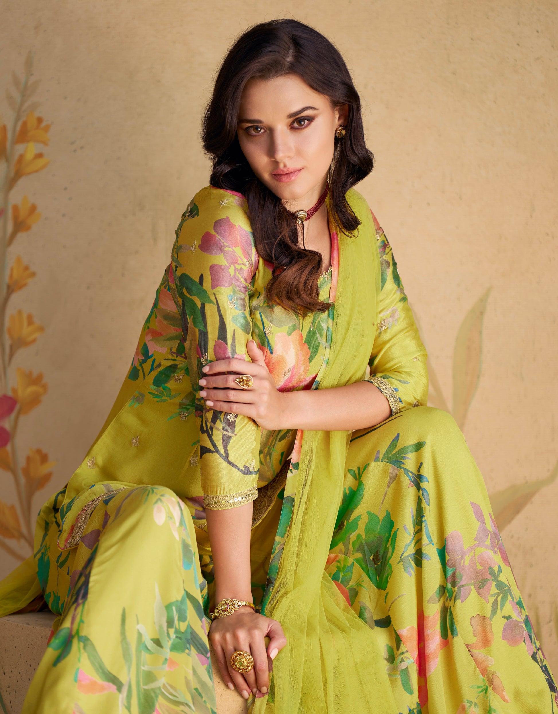 Lime green floral embroidered chinon silk sharara suit with net dupatta