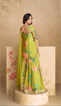 Lime green floral embroidered chinon silk sharara suit with net dupatta