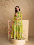 Lime green floral embroidered chinon silk sharara suit with net dupatta