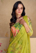 Lime green floral embroidered chinon silk sharara suit with net dupatta