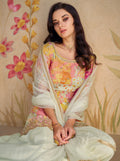 Pastel floral embroidered chinon silk sharara suit with net dupatta