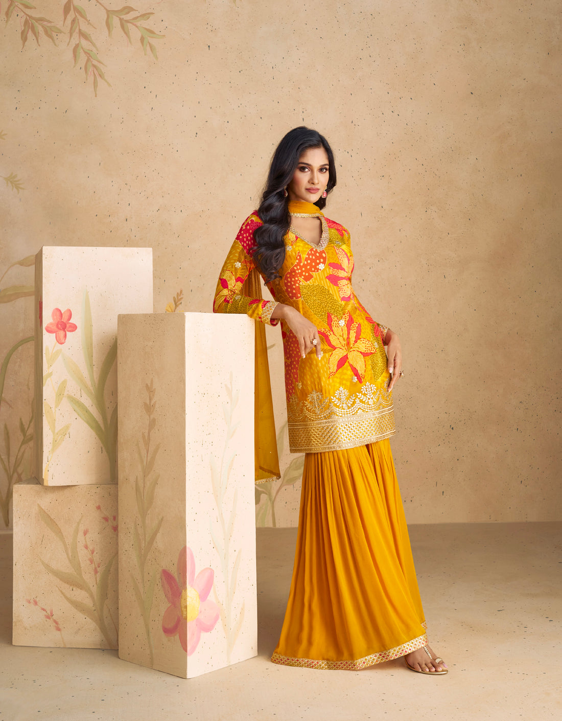 Elegant Yellow Real Chinon Silk Embroidered Sharara Suit with Net Dupatta