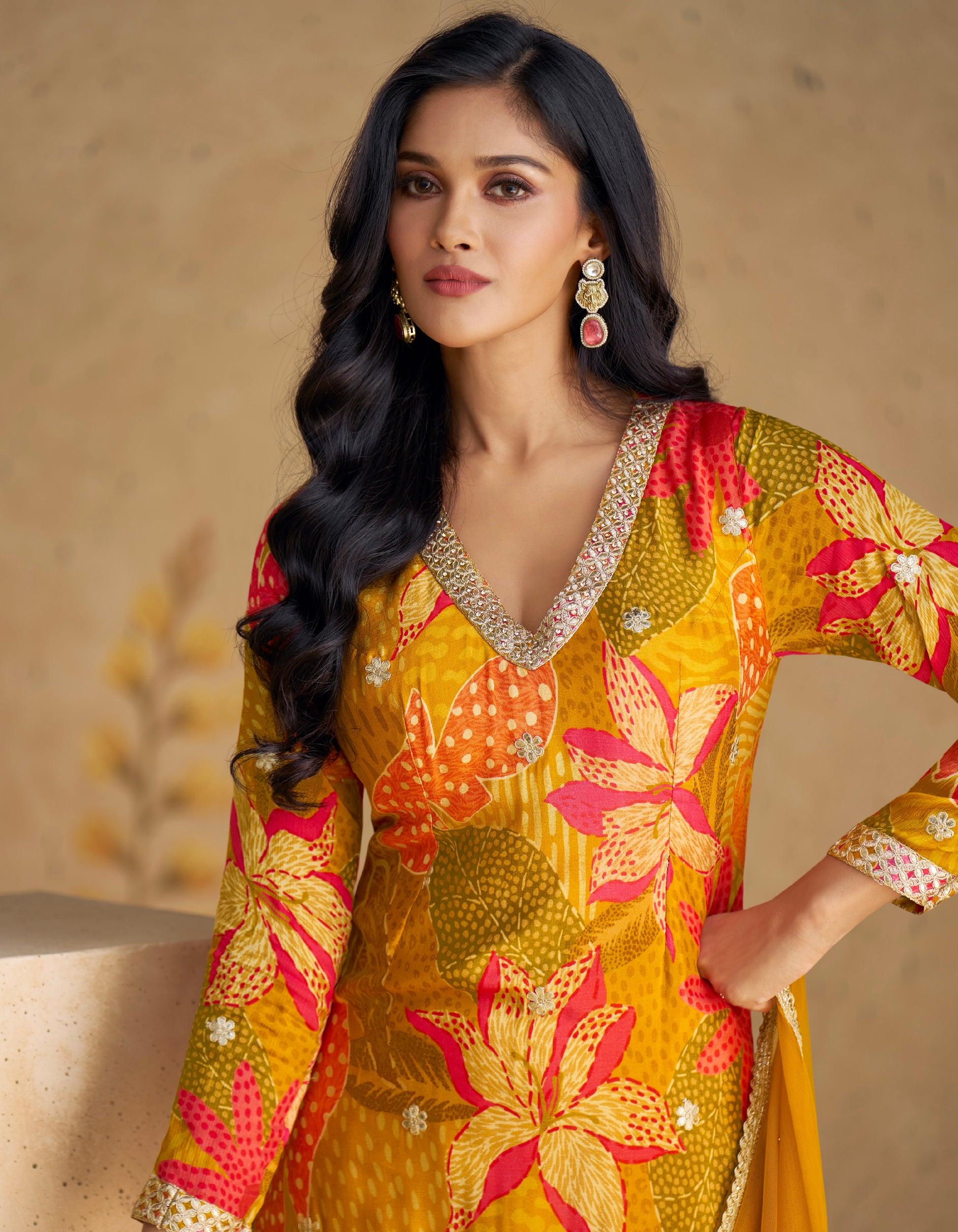 Elegant Yellow Real Chinon Silk Embroidered Sharara Suit with Net Dupatta