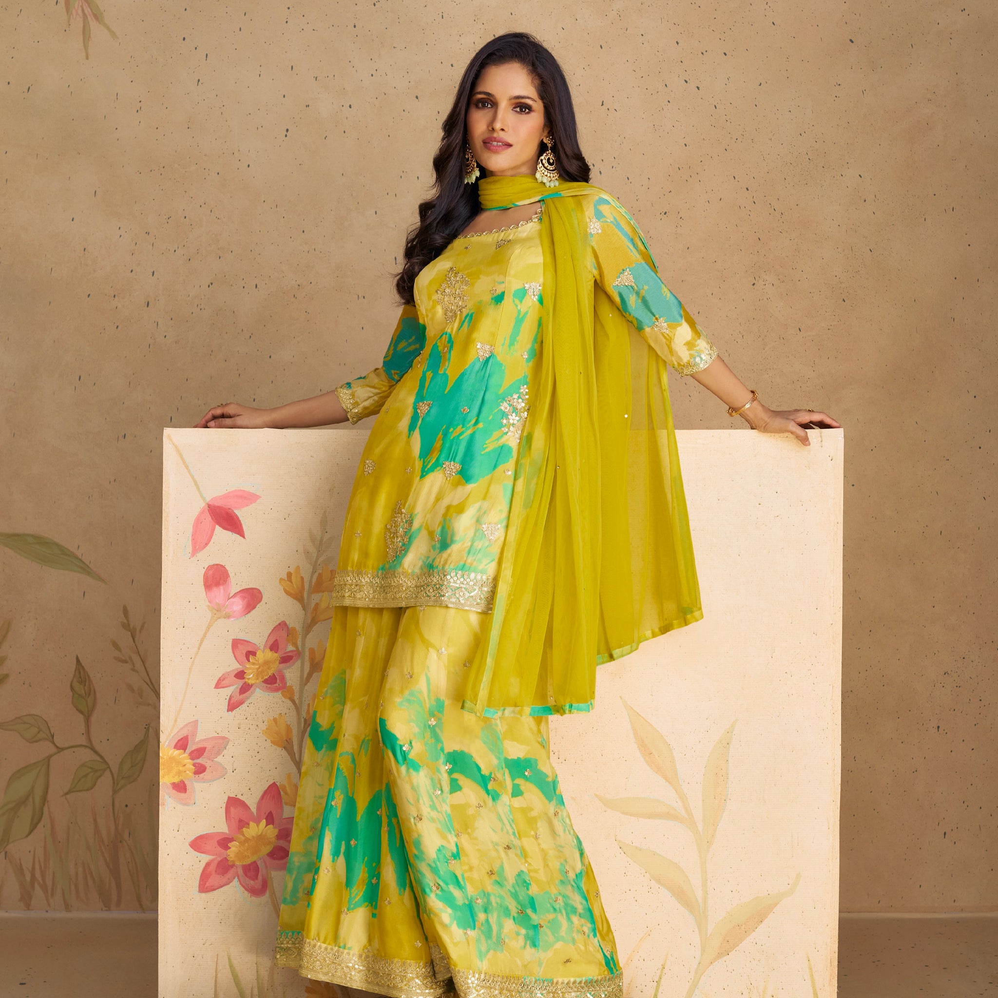 Elegant Yellow Real Chinon Silk Embroidered Sharara Suit with Net Dupatta