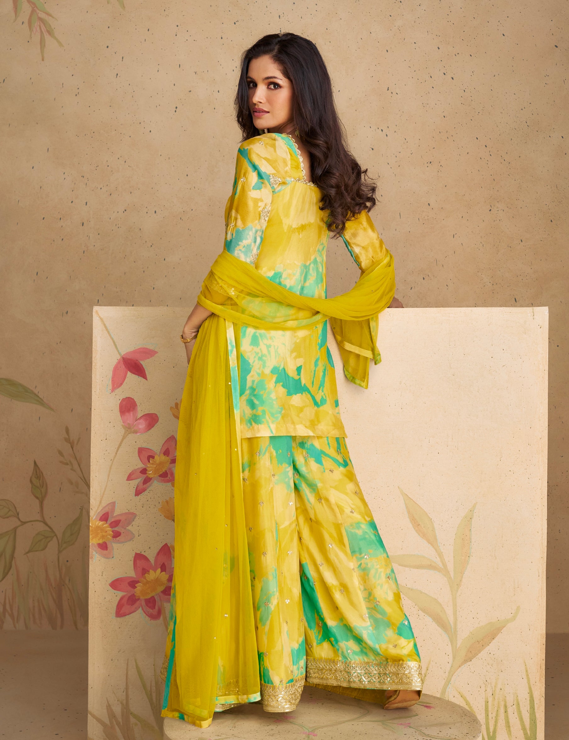 Elegant Yellow Real Chinon Silk Embroidered Sharara Suit with Net Dupatta