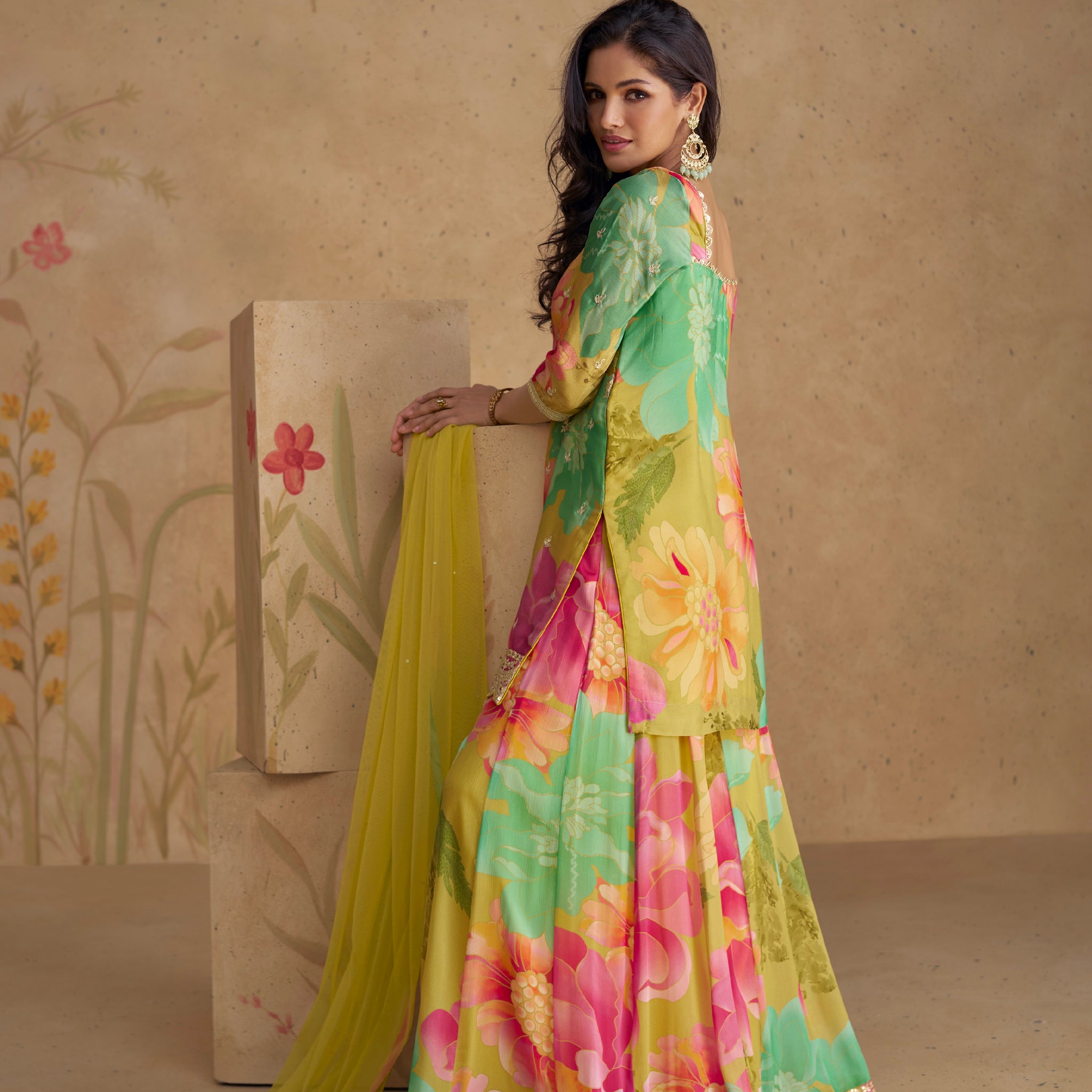 Floral Yellow Real Chinon Silk Embroidered Sharara Suit with Net Dupatta