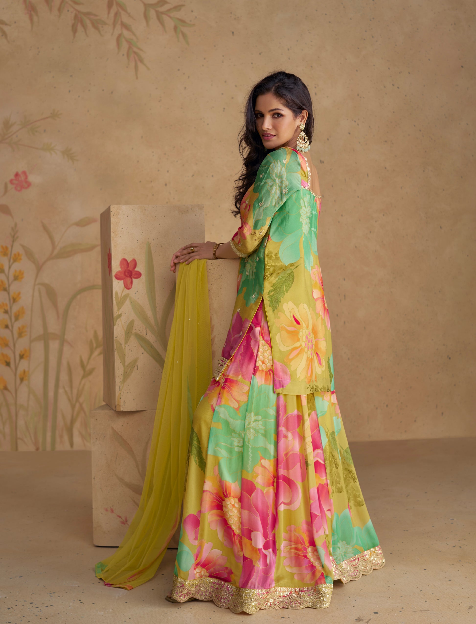 Floral Yellow Real Chinon Silk Embroidered Sharara Suit with Net Dupatta