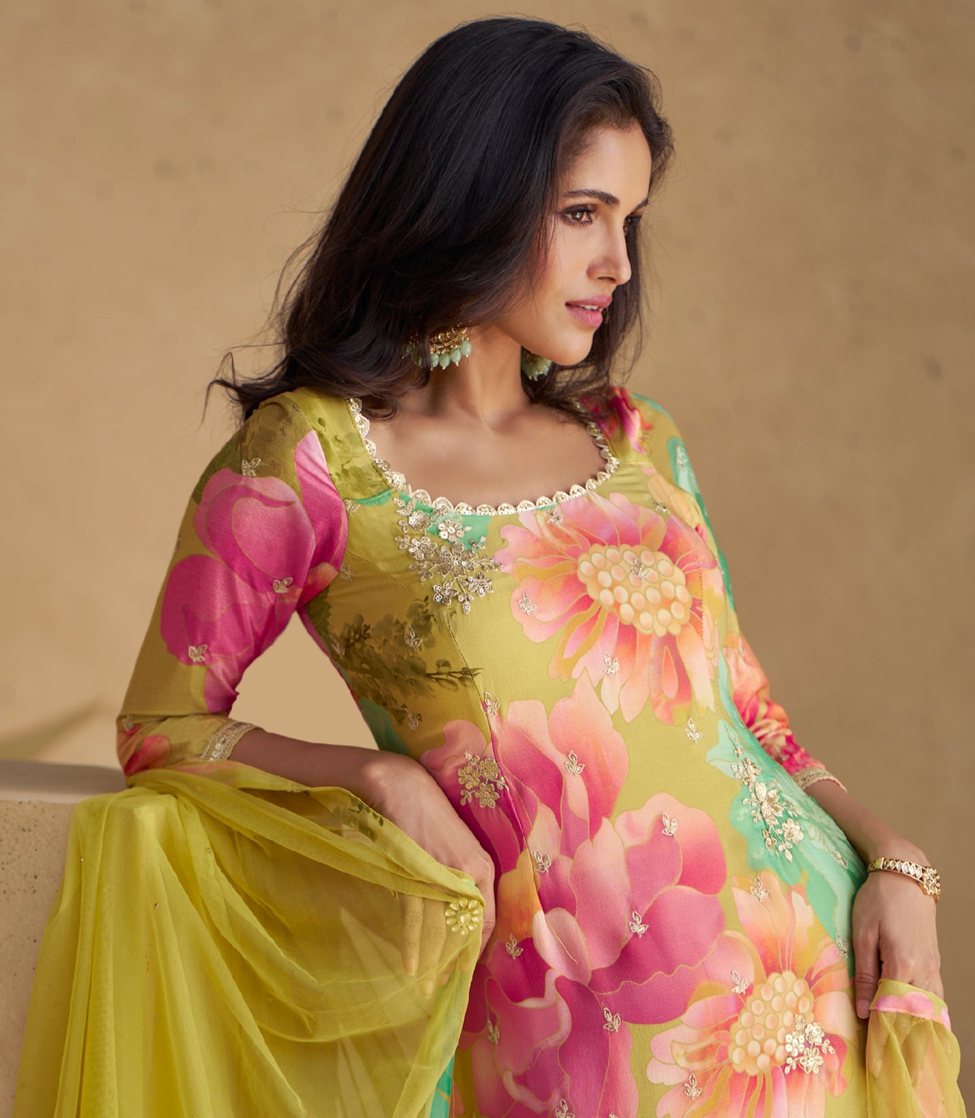 Floral Yellow Real Chinon Silk Embroidered Sharara Suit with Net Dupatta