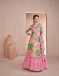 Pink floral Anarkali suit with Nazmeen dupatta.