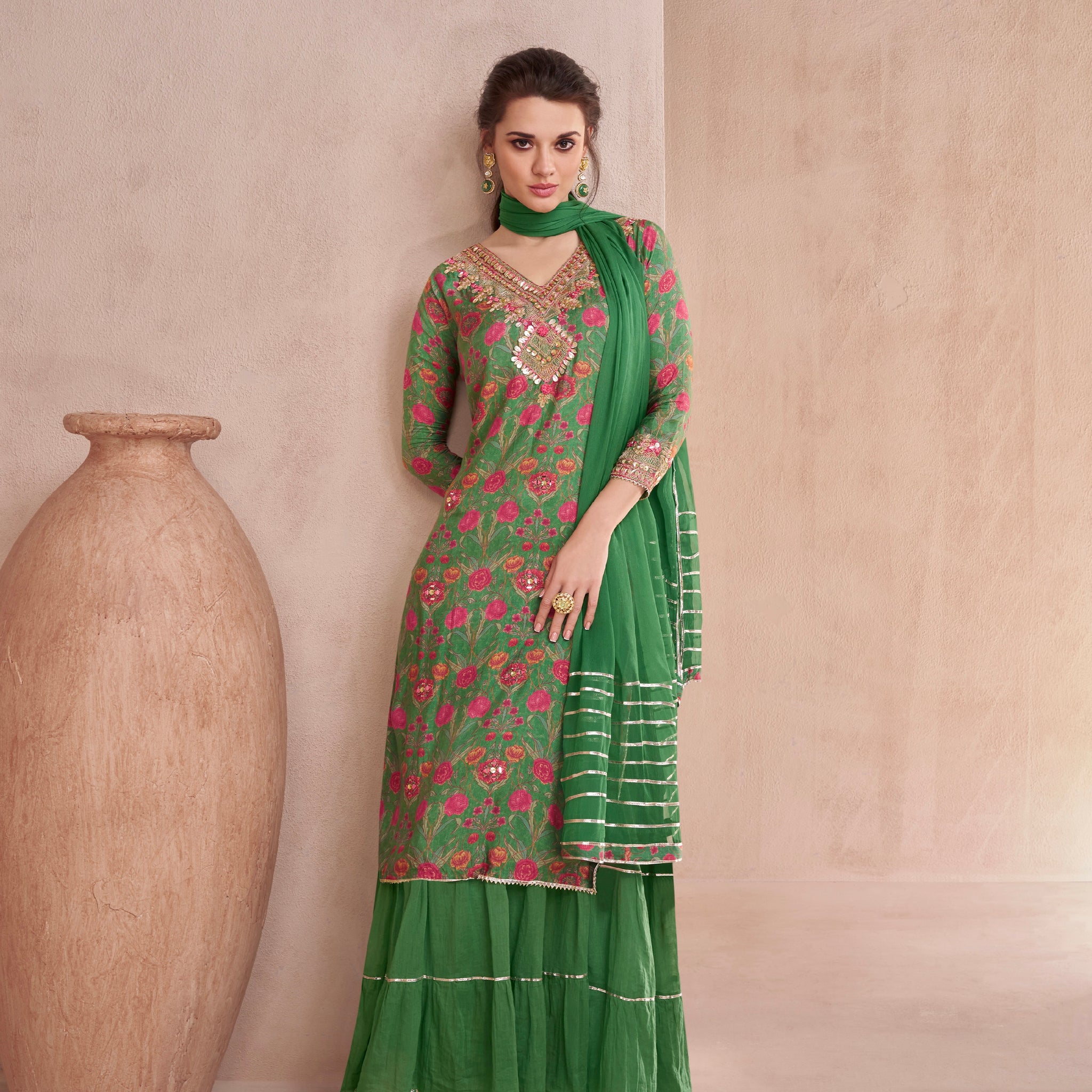 Elegant Green Muslin Anarkali Suit with Hand Embellished Work for Weddings and Festivals