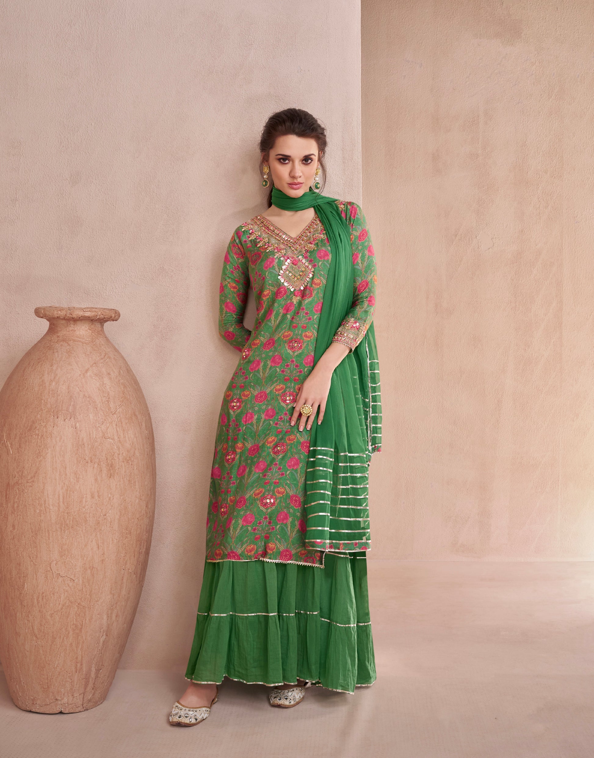 Elegant Green Muslin Anarkali Suit with Hand Embellished Work for Weddings and Festivals