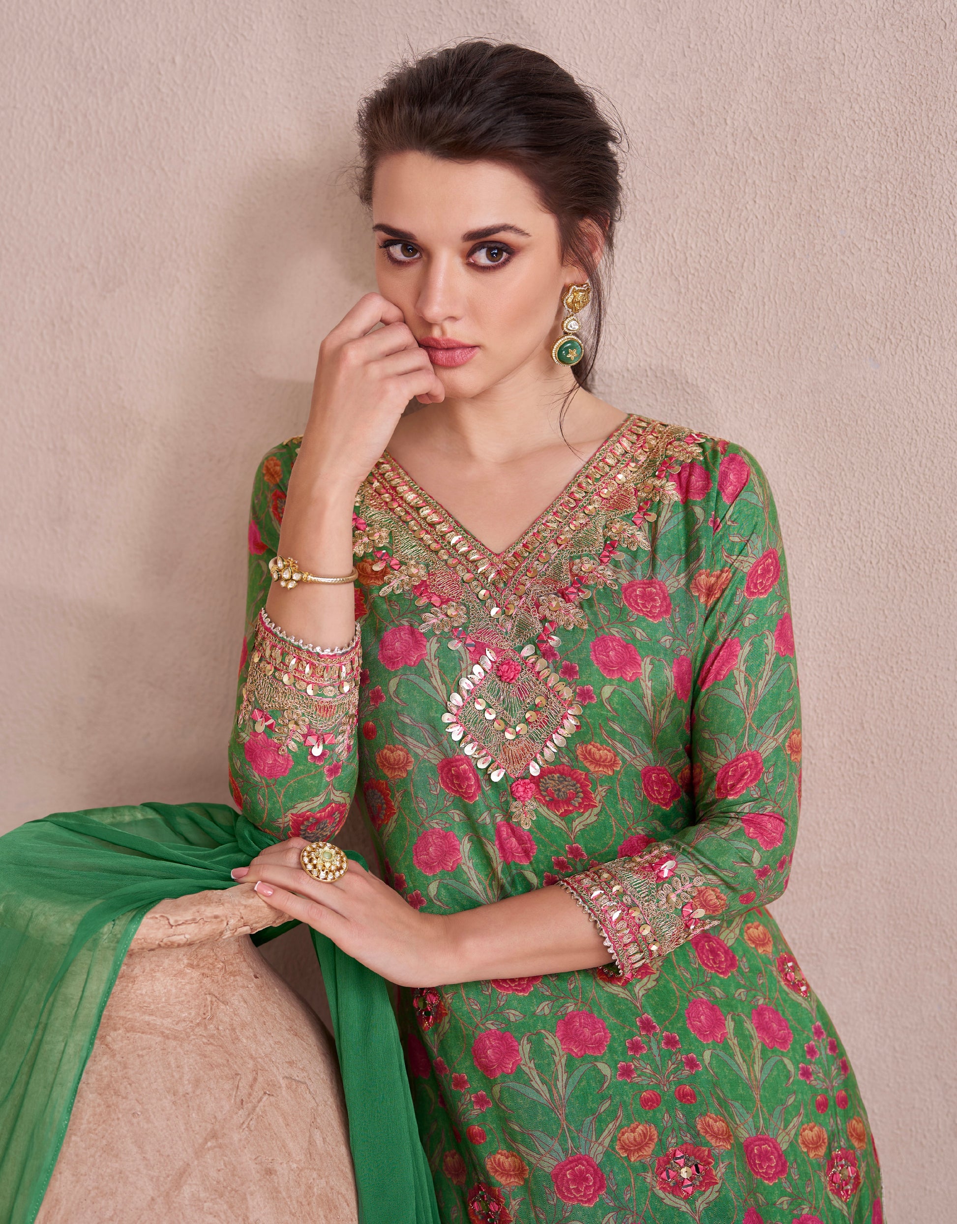 Elegant Green Muslin Anarkali Suit with Hand Embellished Work for Weddings and Festivals