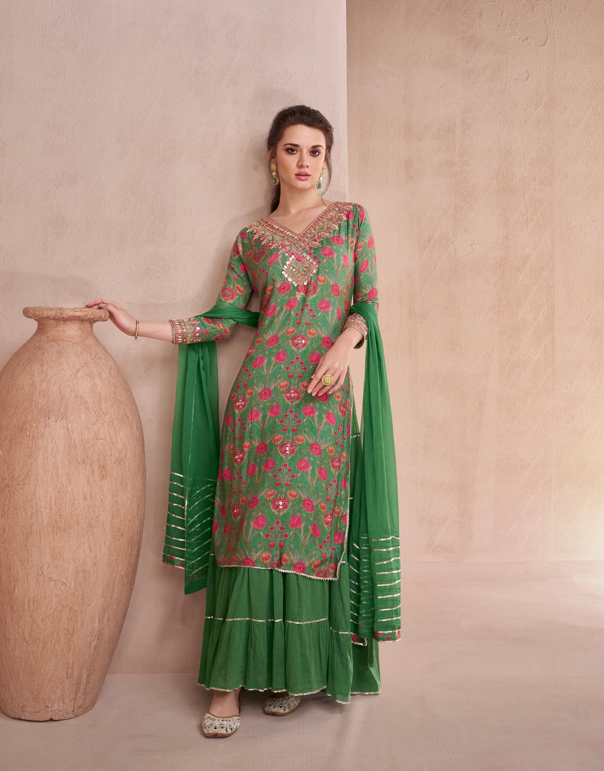 Elegant Green Muslin Anarkali Suit with Hand Embellished Work for Weddings and Festivals