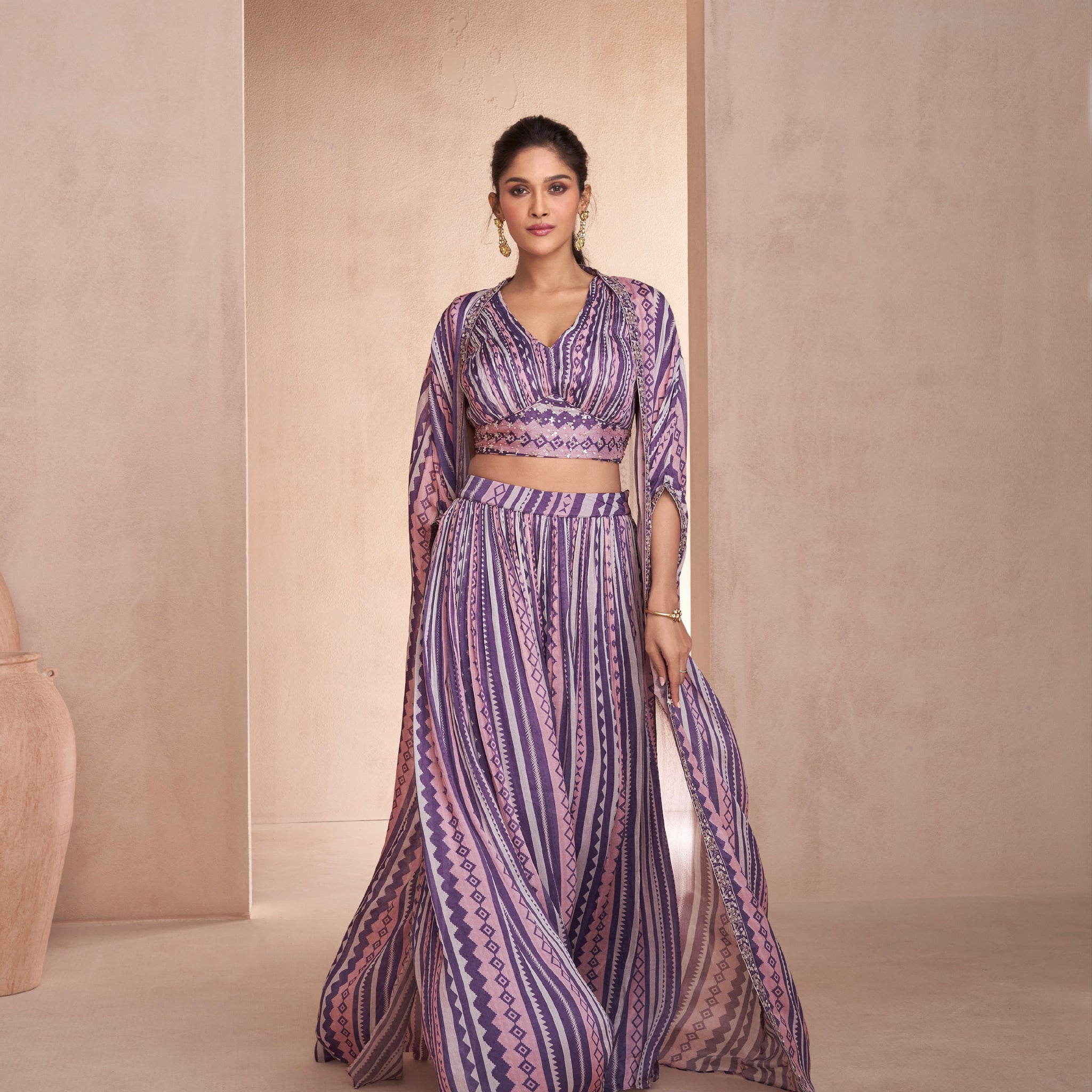 Model wearing Purple and Pink Printed Real Chinon Silk and Georgette Sharara Set

