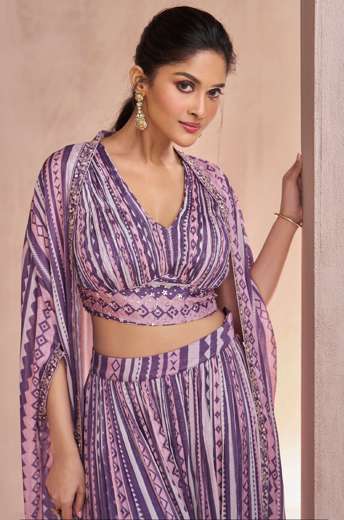 Model wearing Purple and Pink Printed Real Chinon Silk and Georgette Sharara Set

