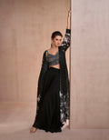 Black embroidered Chinon silk and georgette sharara set for weddings.