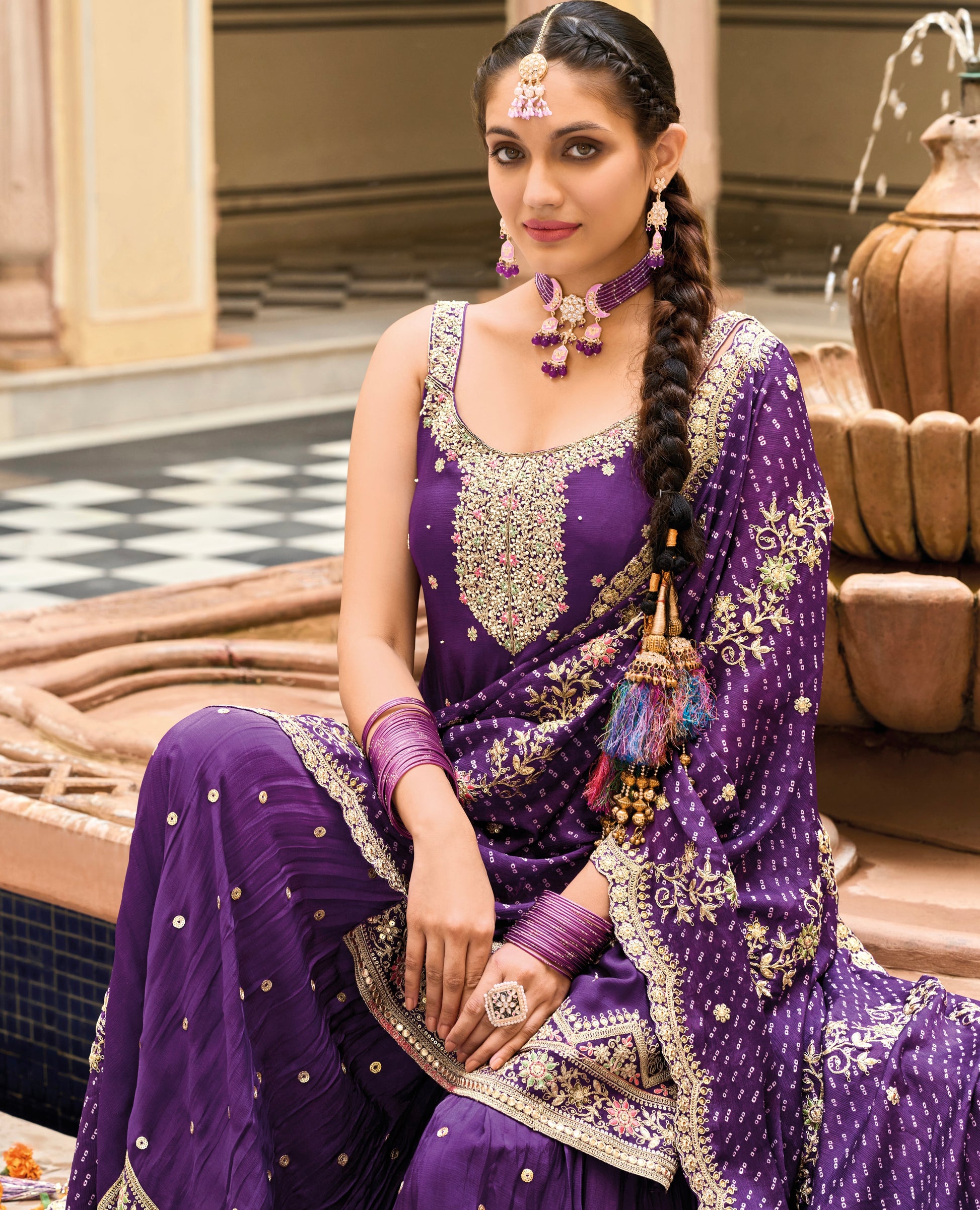 Purple Heavy Chinon Embroidered Palazzo Suit with Digital Print Dupatta, ideal for special occasions