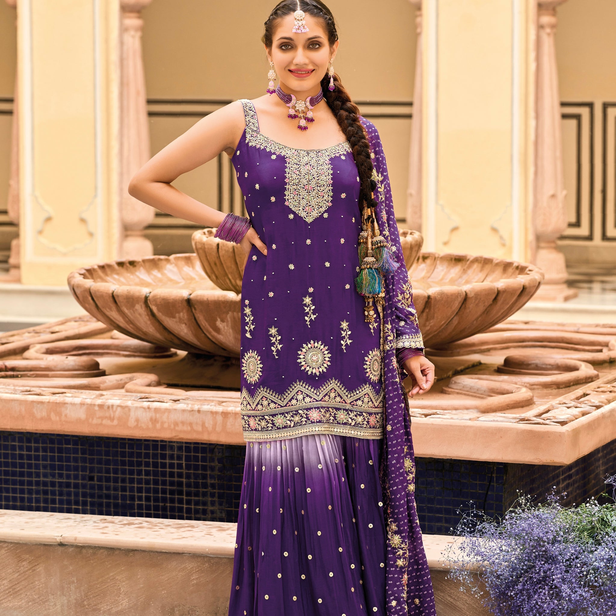 Purple Heavy Chinon Embroidered Palazzo Suit with Digital Print Dupatta, ideal for special occasions