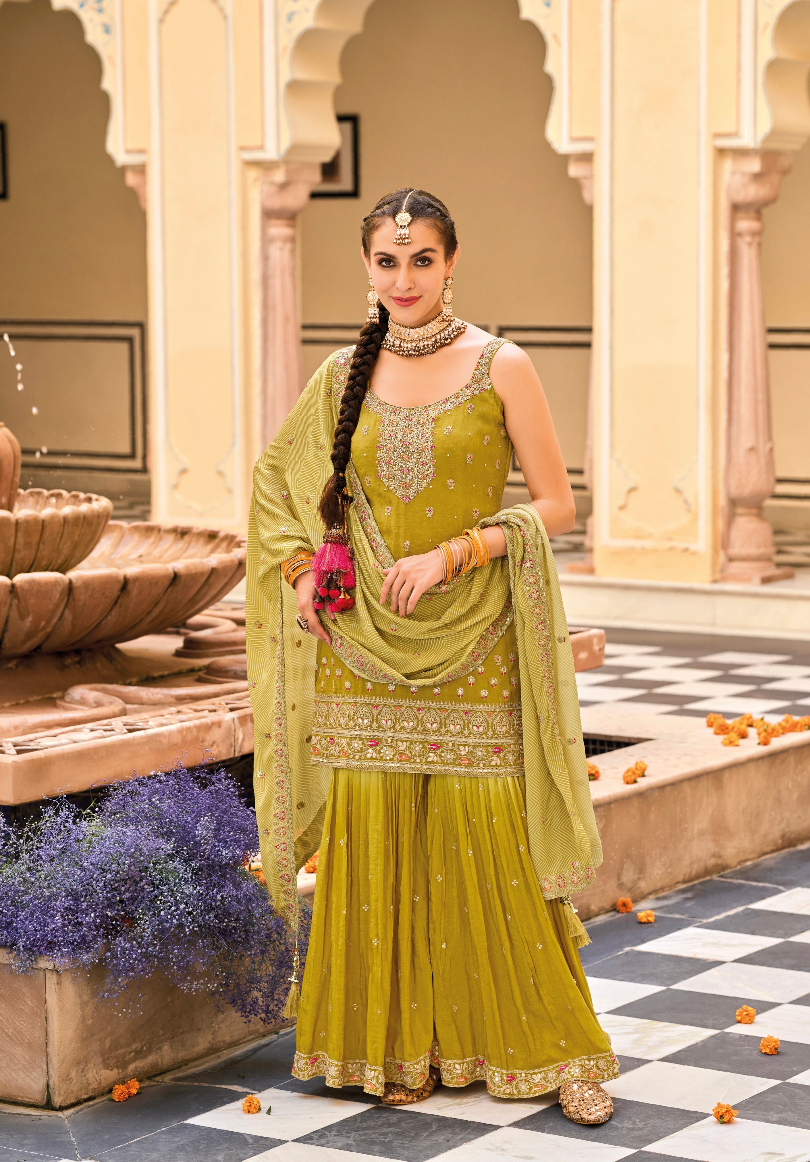 Yellow Heavy Chinon Embroidered Palazzo Suit Vibrant Ethnic Wear