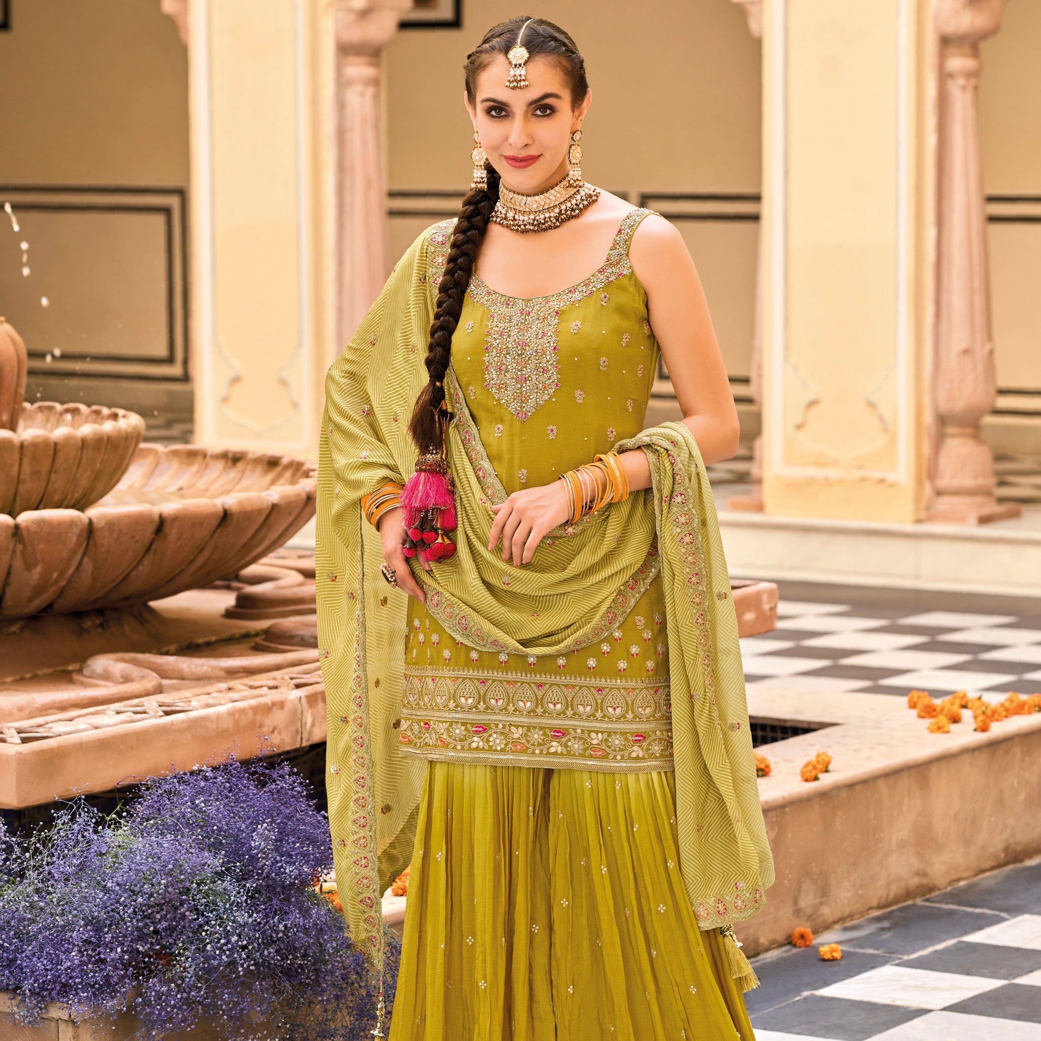 Yellow Heavy Chinon Embroidered Palazzo Suit with Digital Print Dupatta