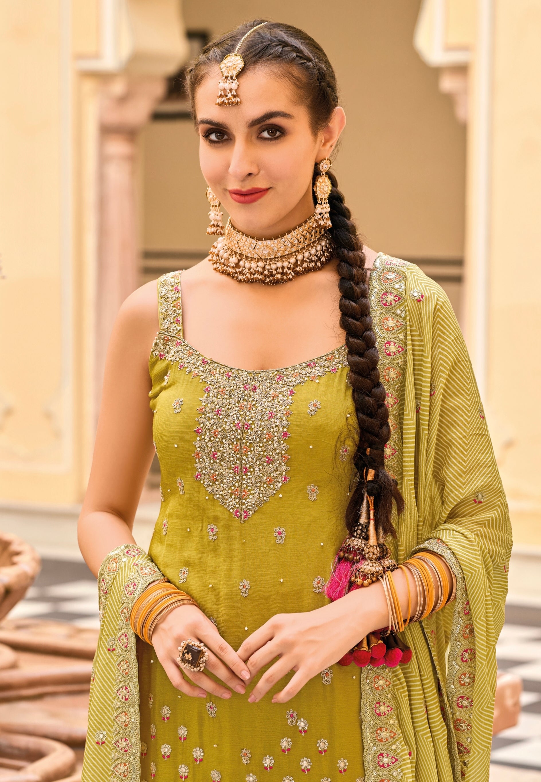 Yellow Heavy Chinon Embroidered Palazzo Suit with Digital Print Dupatta