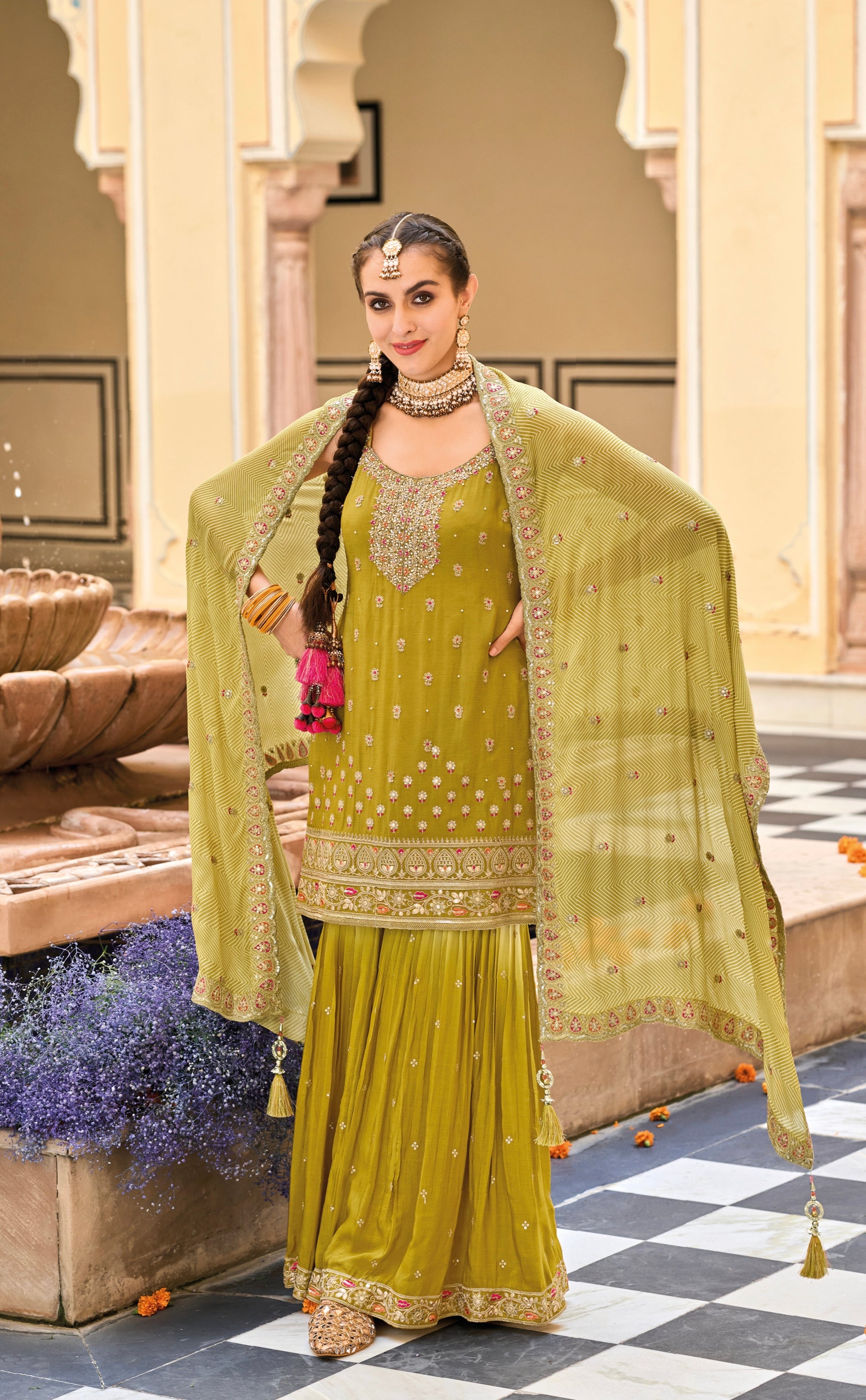 Yellow Heavy Chinon Embroidered Palazzo Suit with Digital Print Dupatta