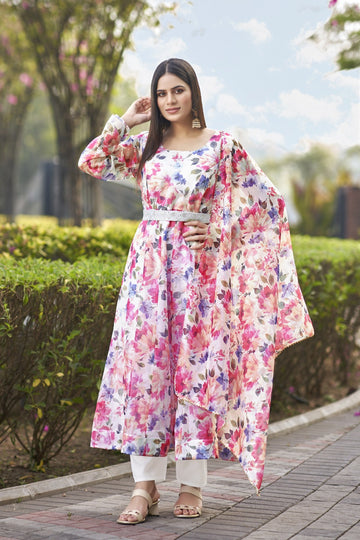 Pink Floral Organza Suit With Embroidered Dupatta