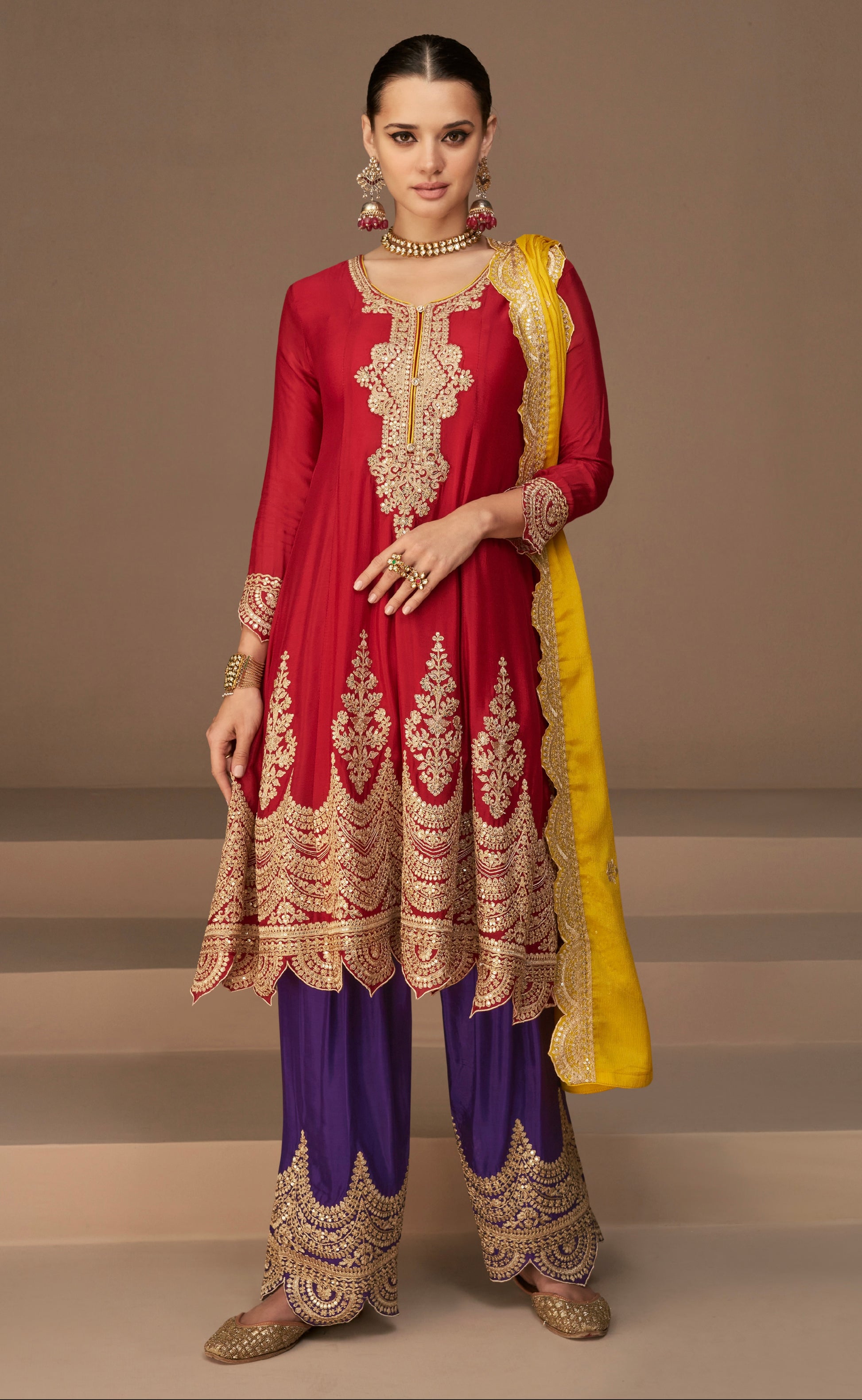 Red and Yellow Premium Chinon Silk Anarkali Suit with Dupatta