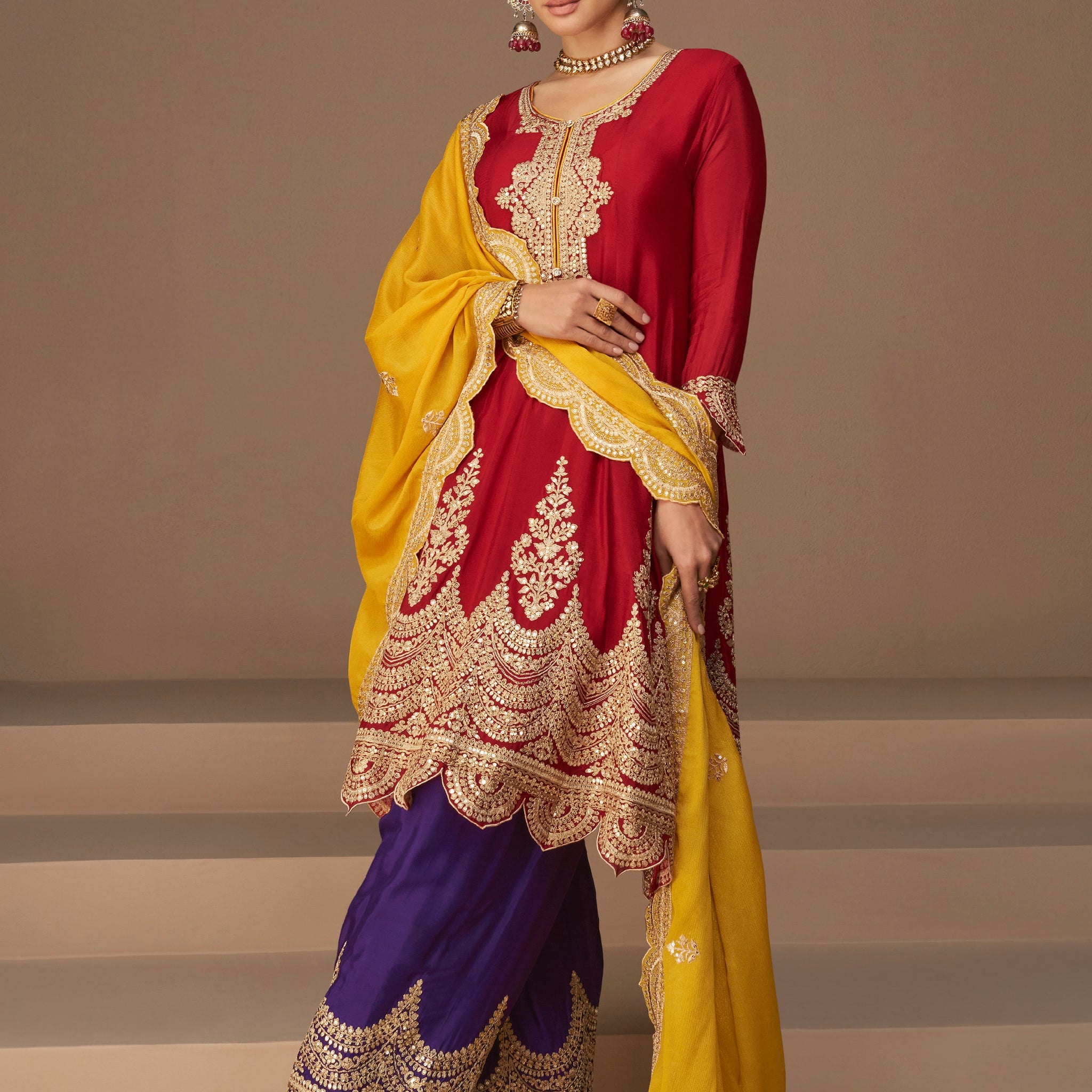 Red and Yellow Premium Chinon Silk Anarkali Suit with Dupatta