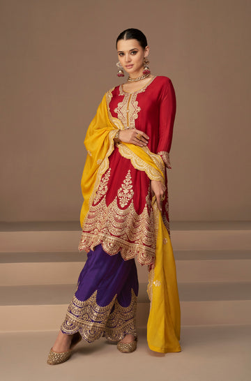 Red and Yellow Premium Chinon Silk Anarkali Suit with Dupatta