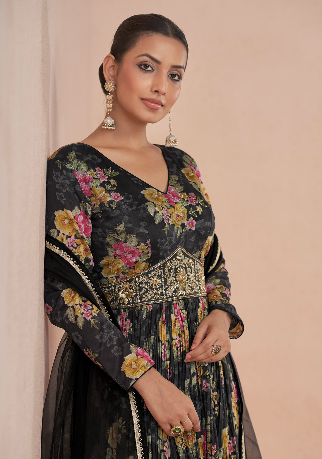 Black Floral Handwork Anarkali Suit with Soft Net Dupatta, perfect for weddings and parties