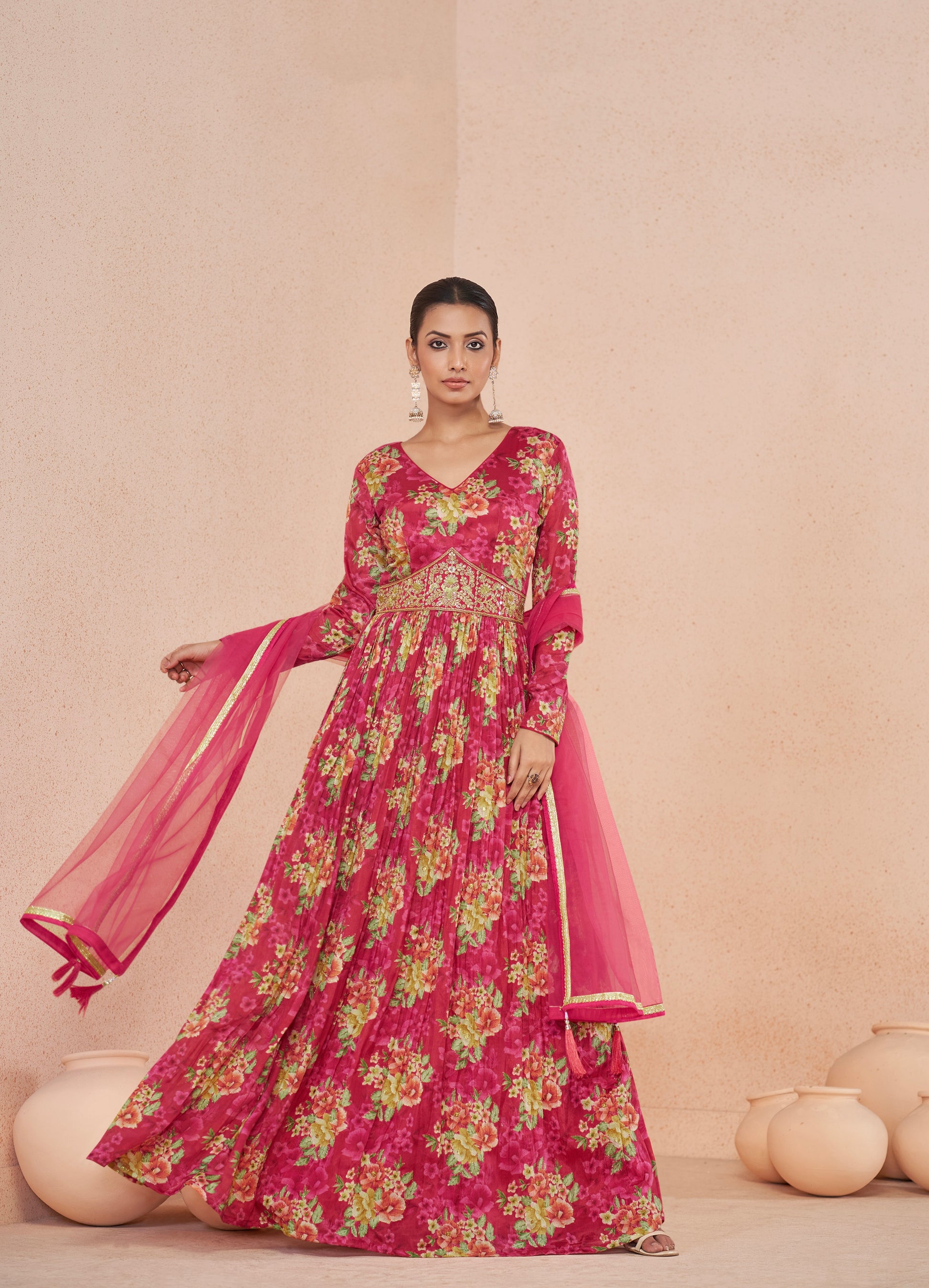 Pink Floral Handwork Anarkali Suit with Soft Net Dupatta, perfect for weddings and festive events