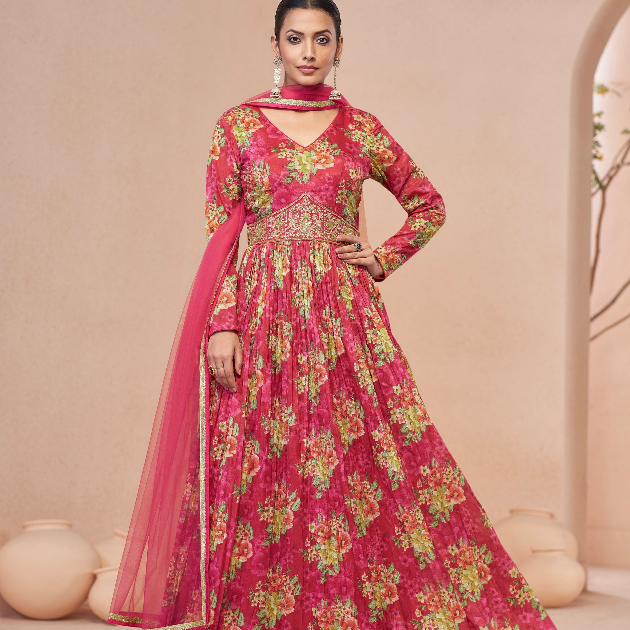 Pink Floral Handwork Anarkali Suit with Soft Net Dupatta, perfect for weddings and festive events