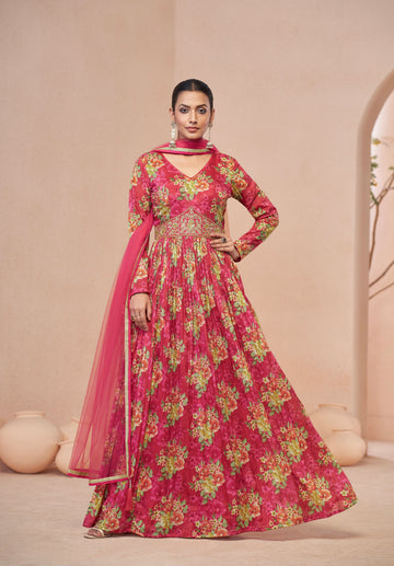 Pink Floral Handwork Anarkali Suit with Soft Net Dupatta, perfect for weddings and festive events