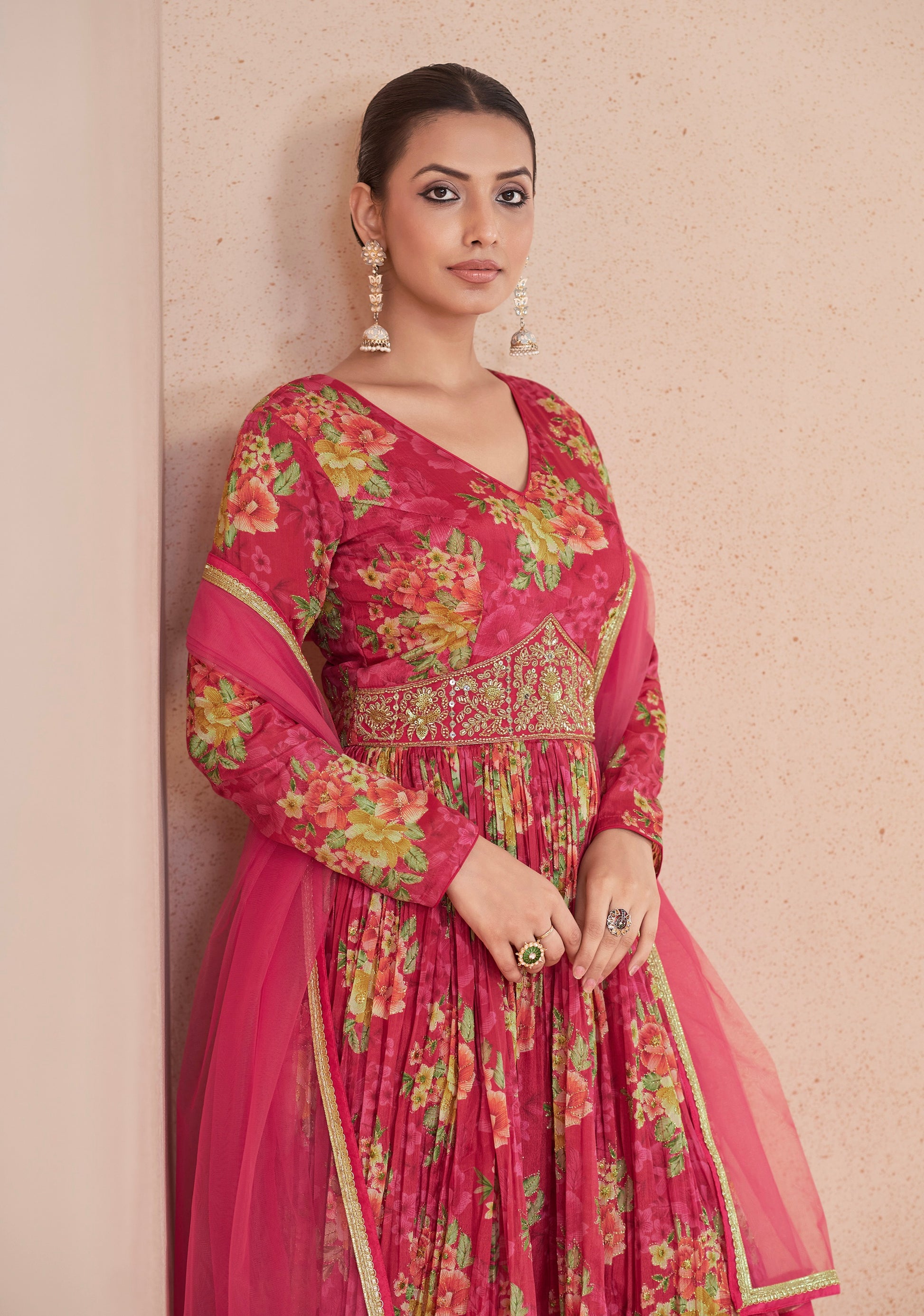 Pink Floral Handwork Anarkali Suit with Soft Net Dupatta, perfect for weddings and festive events