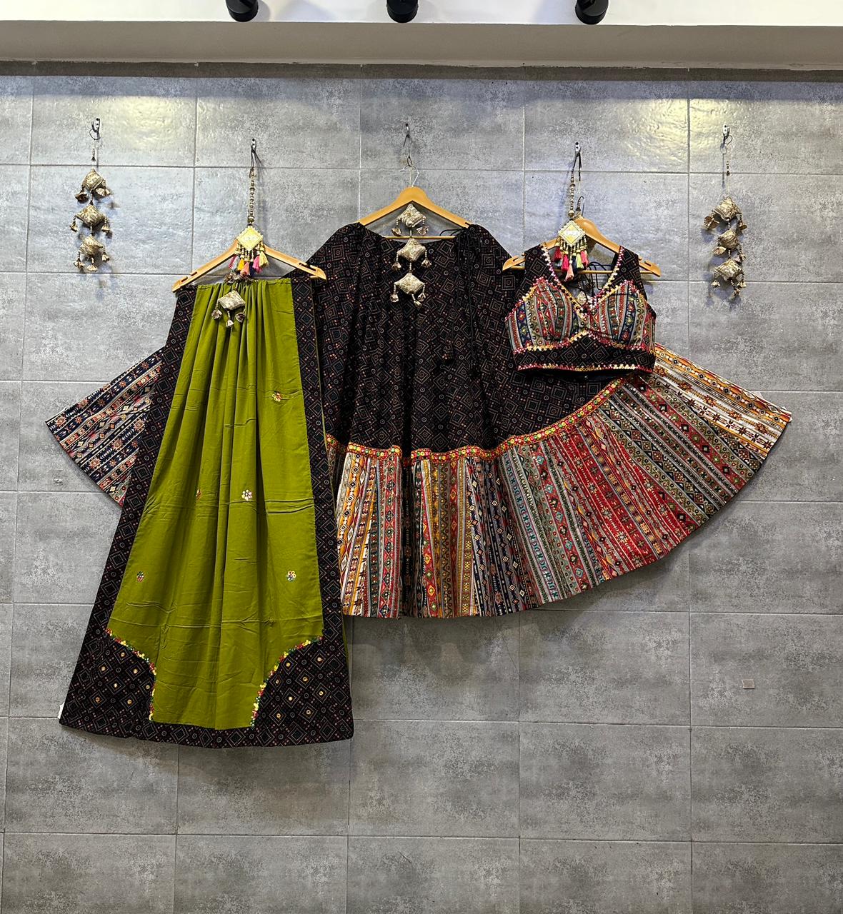 Black and Multicolor Pure Cotton Chaniya Choli with Gamthi Print and Green Dupatta