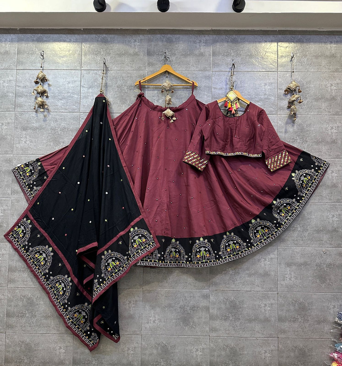 Maroon and Black Cotton Silk Chaniya Choli with Gamthi Thread Work Border and Mirror Work Dupatta