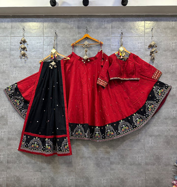 Red and Black Cotton Silk Chaniya Choli with Gamthi Thread Work Border and Mirror Work Dupatta