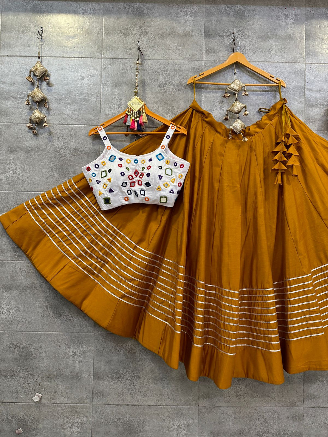 Yellow Roman Skirt with White Jam Satin Mirror Handwork Blouse