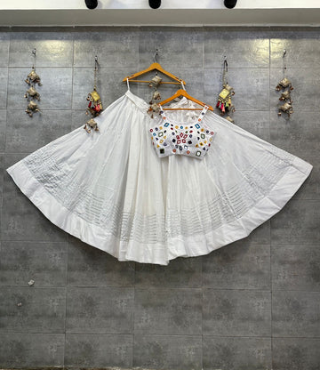 White Roman Skirt with White Jam Satin Mirror Handwork Blouse