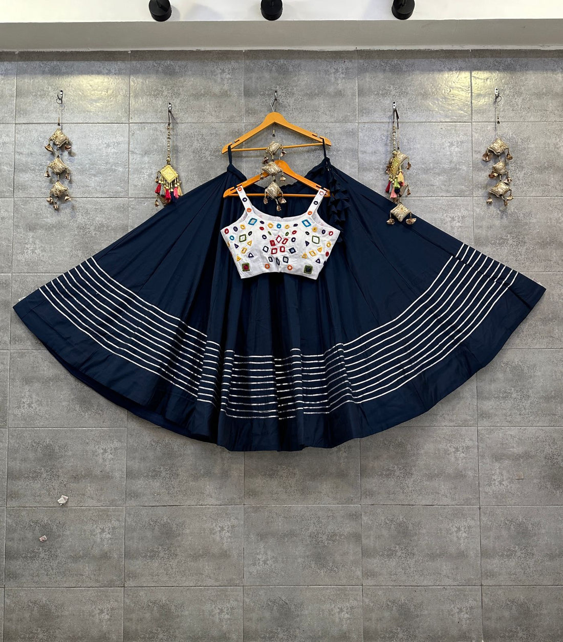 Navy Blue Roman Skirt with White Jam Satin Mirror Handwork Blouse