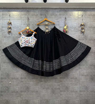 Black Roman Skirt with White Jam Satin Mirror Handwork Blouse